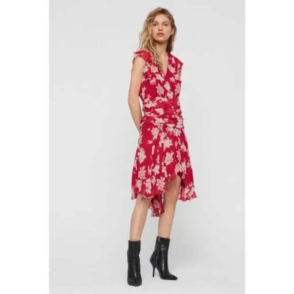 ALL SAINTS Hot Pink V-Neck Ruffled Floral Dress Size 4 Asymmetrical Romantic